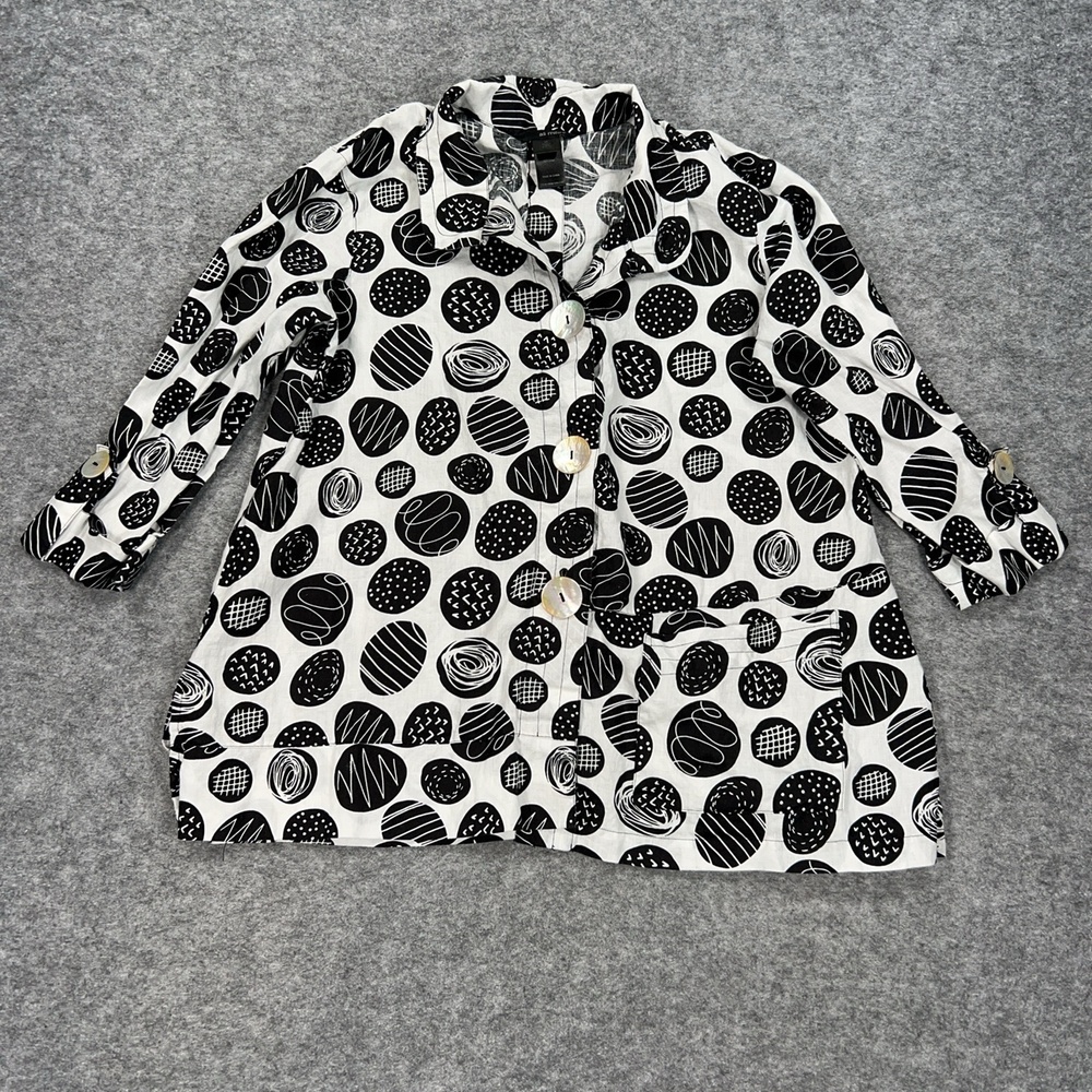 Ali Miles Jacket Womens M White Polka Dot Linen Button Pockets 3/4 Sleeve Tunic